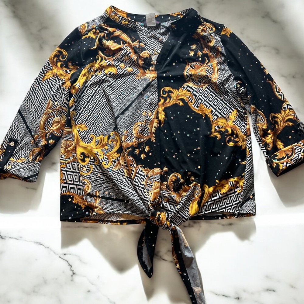Cocomo‎ Petite Black Gold Baroque Tie Front Blouse